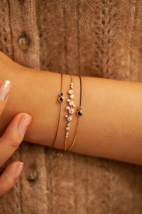String Bracelet For Women with 0.15ct Round Black Diamond in Rose Gold Bezel Setting - Redline - 0++