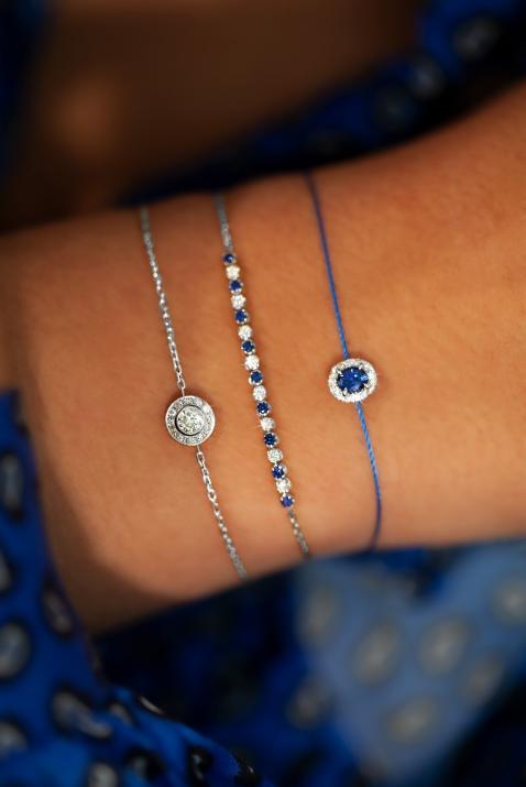 String Bracelet For Women with 0.06ct Oval Diamond and Sapphire in White Gold Prong Setting - Redline - 0++