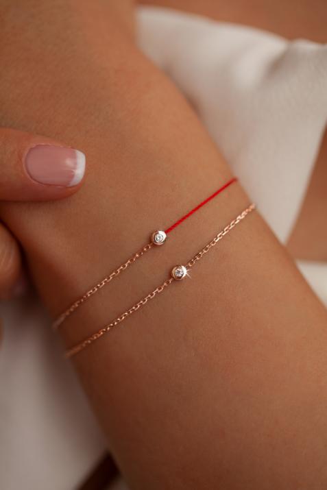 String-Chain Bracelet For Women with 0.02ct Round Diamond in Rose Gold Bezel Setting - Redline - 0++