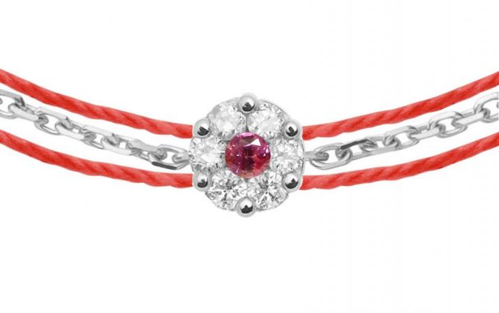 String Bracelet For Women with 0.05ct Round Diamond and Rose Sapphire in White Gold Cluster Setting - Redline - 0++