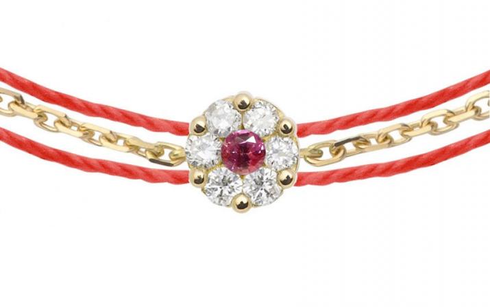 String Bracelet For Women with 0.05ct Round Diamond and Rose Sapphire in Yellow Gold Cluster Setting - Redline - 0++