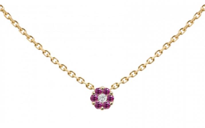 Chain Necklace For Women with 0.01ct Round Diamond and Rose Sapphire in Yellow Gold Cluster Setting - Redline