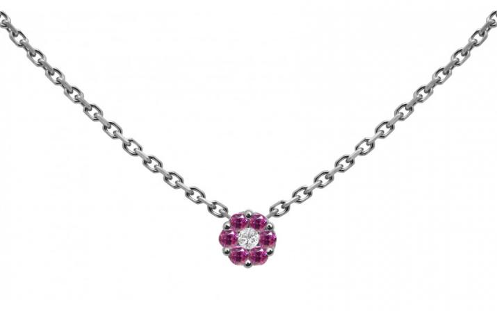 Chain Necklace For Women with 0.01ct Round Diamond and Rose Sapphire in Black Gold Cluster Setting - Redline