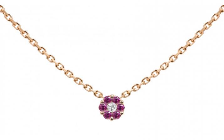 Chain Necklace For Women with 0.01ct Round Diamond and Rose Sapphire in Rose Gold Cluster Setting - Redline