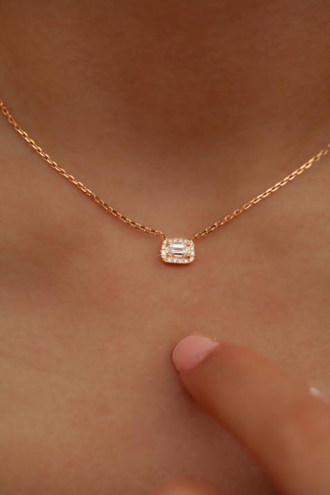 Chain Necklace For Women with 0.33ct Princess Diamond in Rose Gold Prong Setting - Redline - 0++