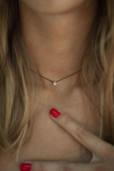 String Necklace For Women with 0.06ct Round Diamond in Yellow Gold Cluster Setting - Redline - 0++