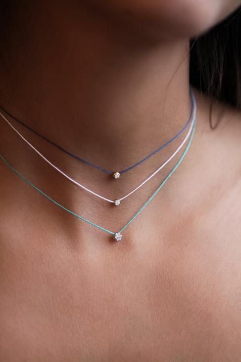 String Necklace For Women with 0.10ct Round Diamond in Yellow Gold Cluster Setting - Redline - 0++