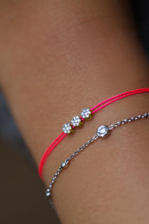 Multistring Bracelet For Women with 0.30ct Round Diamond in Yellow Gold Cluster Setting - Redline - 0++