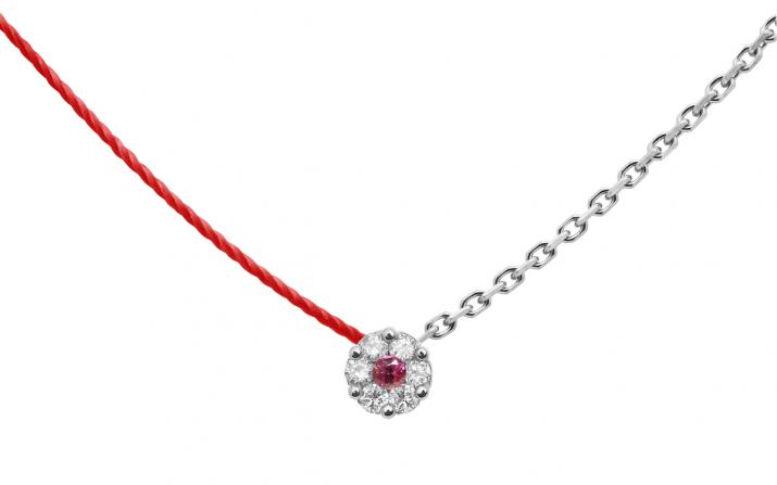 String-Chain Necklace with 0.05ct Round Diamond and Rose Sapphire in White Gold Cluster Setting - Redline