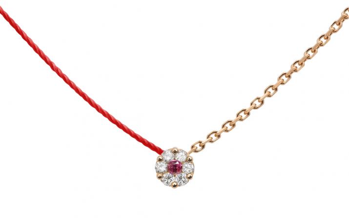 String-Chain Necklace with 0.05ct Round Diamond and Rose Sapphire in Rose Gold Cluster Setting - Redline