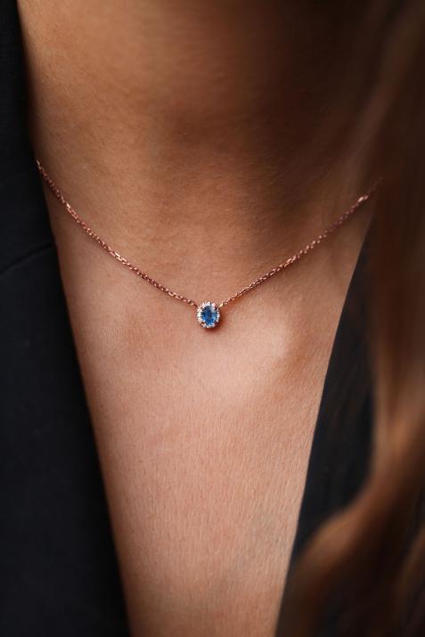 Chain Necklace For Women with 0.06ct Oval Diamond and Sapphire in Rose Gold Prong Setting - Redline - 0++