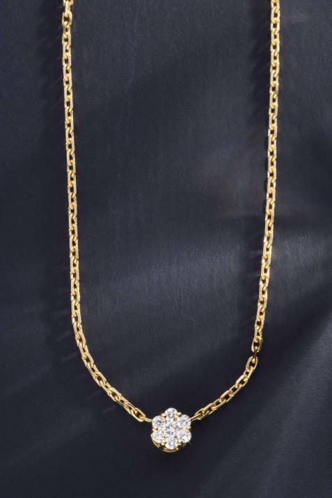Chain Necklace For Women with 0.10ct Round Diamond in Yellow Gold Cluster Setting - Redline - 0++